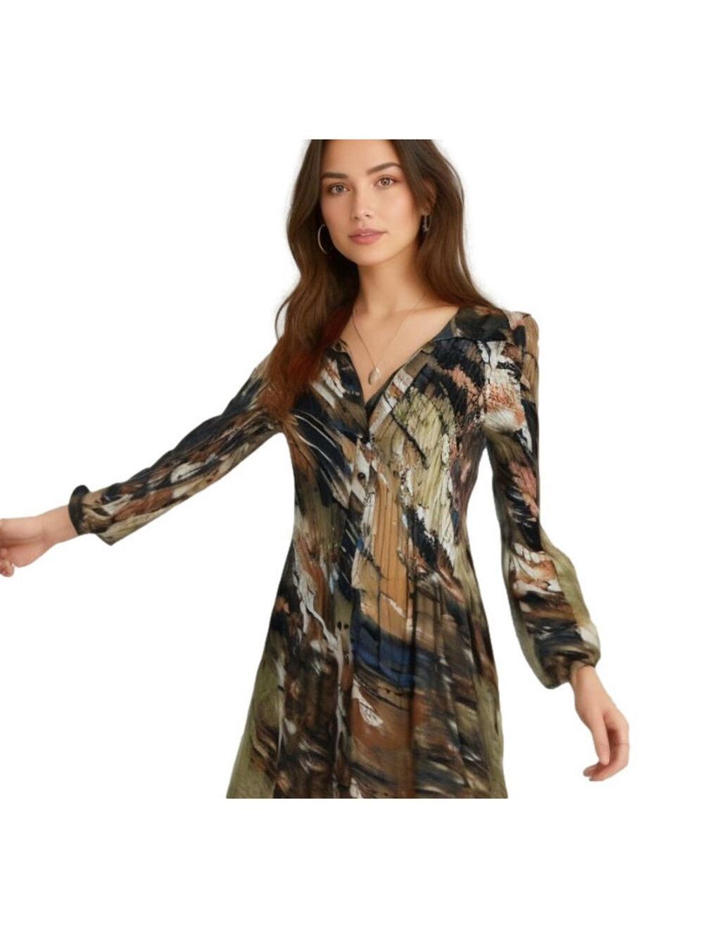 Vintage Y2K Plissé Pleated Blouse Tunic Abstract Fall Colors Split Bell Sleeve